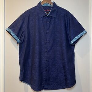 ROBERT GRAHAM Shirt Men's size XL Flip Contrast Blue embroidered Floral Paisley
